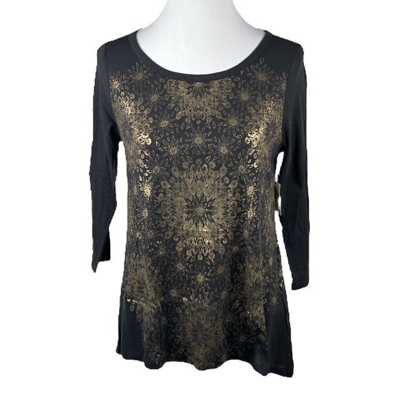 Lucky Brand Boho 3/4 inch Sleeve Shirt Black Gold Size Small - Picture 1 of 9